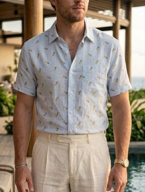 NWOT Banana Republic Factory L Resortwear Vacation Pineapple Linen Cotton Shirt